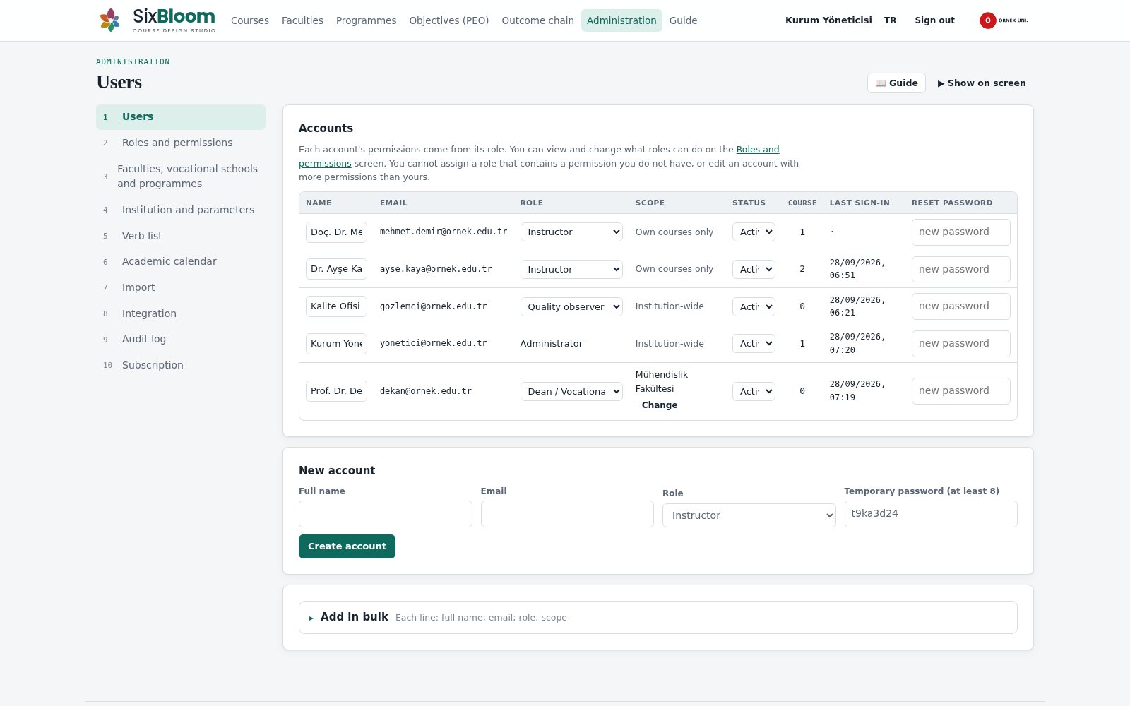 Users: role, scope column and bulk add